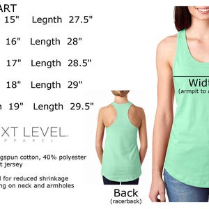 May include: Size chart for a tank top with measurements in inches. The chart shows the width and length of the tank top in sizes S, M, L, XL, and 2XL. The tank top is shown in a light green color. The text "NEXT LEVEL. APPAREL" is also shown.