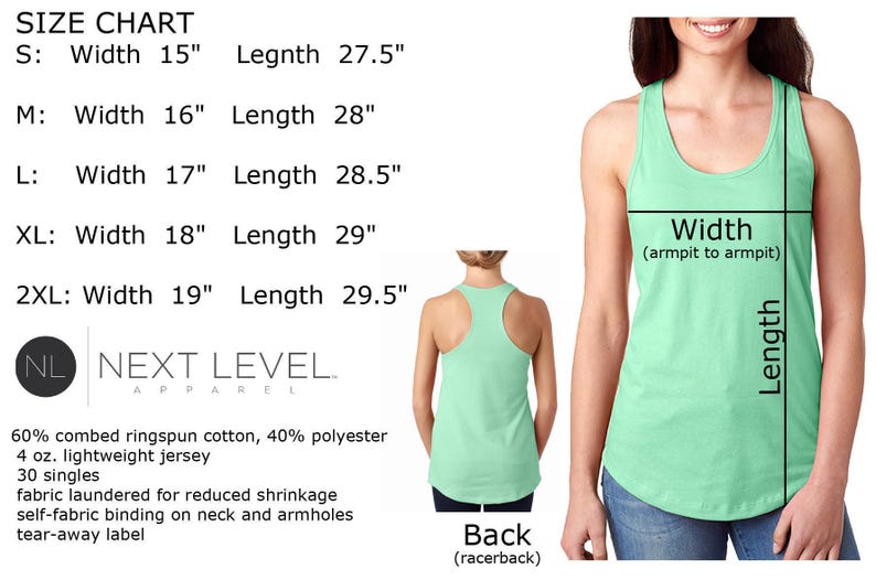 May include: Size chart for a tank top with measurements in inches. The chart shows the width and length of the tank top in sizes S, M, L, XL, and 2XL. The tank top is shown in a light green color. The text "NEXT LEVEL. APPAREL" is also shown.