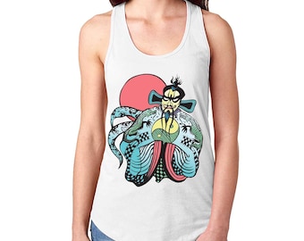 May include: White tank top with a colorful illustration of a character with a mustache and a beard, wearing a blue and green robe with a yin yang symbol on the chest. The character is surrounded by dragons and a red sun.