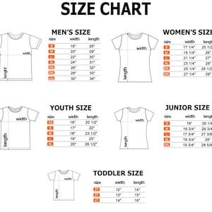 May include: Size chart for t-shirts with measurements in inches for men's, women's, youth, junior, and toddler sizes.
