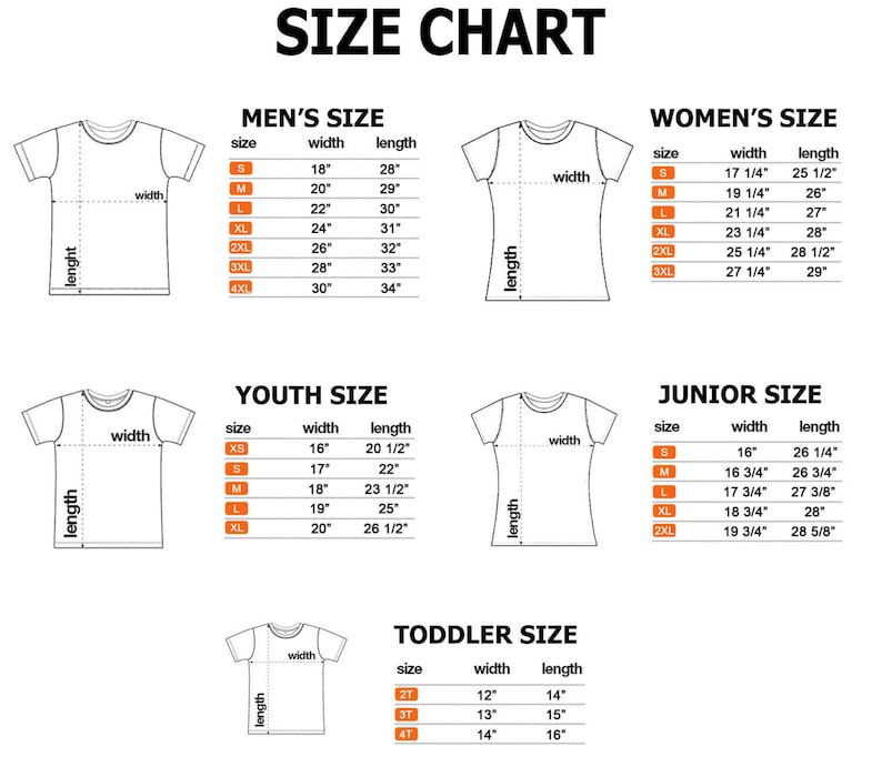 May include: Size chart for t-shirts with measurements in inches for men's, women's, youth, junior, and toddler sizes.