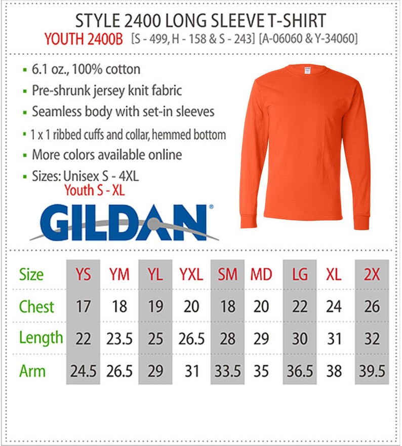 May include: Size chart for a Gildan youth long sleeve t-shirt. The chart shows measurements in inches for chest, length, and arm for sizes YS, YM, YL, YXL, SM, MD, LG, XL, and 2X.