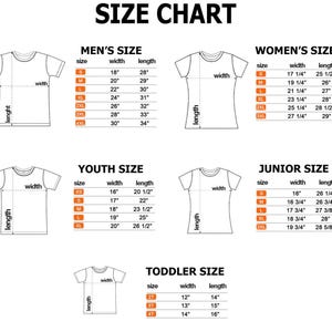 K&ouml;nnte beinhalten: Gr&ouml;&szlig;entabelle f&uuml;r T-Shirts mit Ma&szlig;en in Zoll f&uuml;r Herren-, Damen-, Jugend-, Junior- und Kleinkindgr&ouml;&szlig;en.