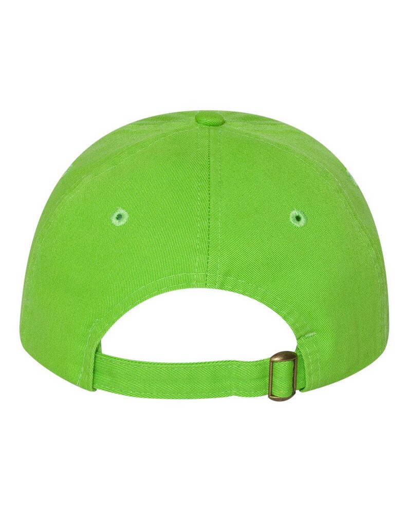 May include: A bright green baseball cap with a brown adjustable strap.