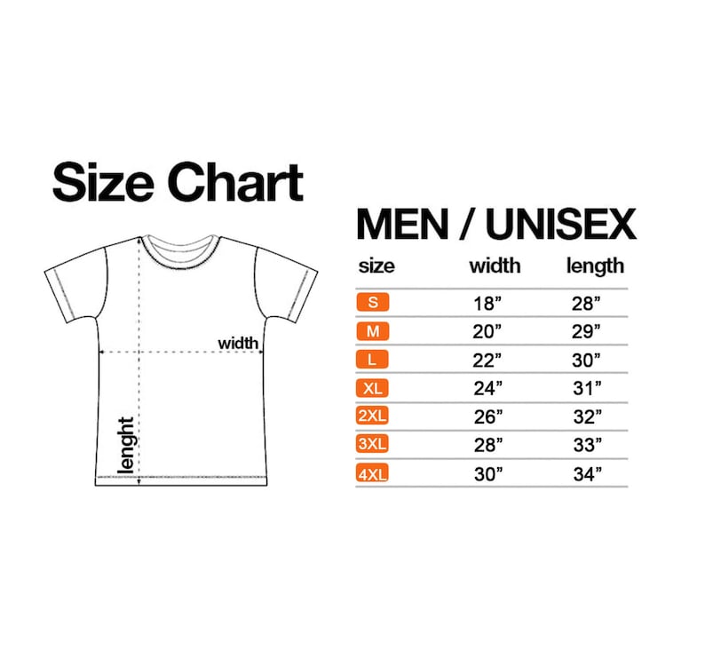Peut inclure: Tableau des tailles pour t-shirts homme et unisexe, indiquant les mesures en pouces de la largeur et de la longueur pour les tailles S, M, L, XL, 2XL, 3XL et 4XL.