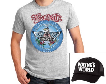 Wayne's World Trucker hat and Garth Aerosmith T-shirt Halloween party combo costume Set Shirts Men's Women Youth sizes