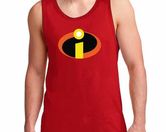 May include: Red sleeveless tank top with a black and orange superhero logo featuring a yellow letter "I" and a white dot.
