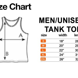 May include: Size chart for a tank top with measurements in inches for width and length. The chart shows sizes S, M, L, XL, and 2XL.