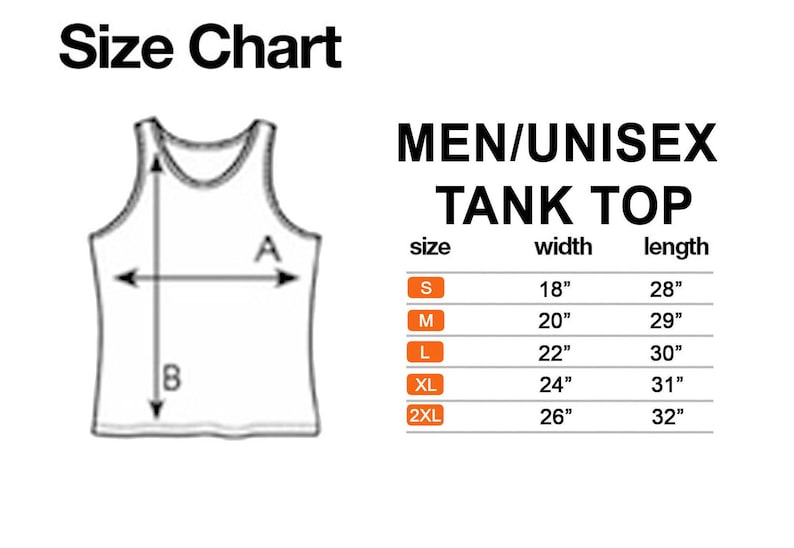 May include: Size chart for a tank top with measurements in inches for width and length. The chart shows sizes S, M, L, XL, and 2XL.