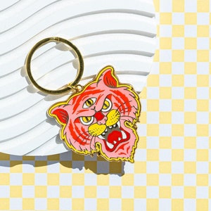 Tough Tiger Keychain; Gold Plated Hard Enamel Keychain