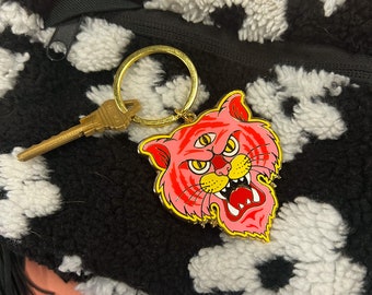 Tough Tiger Keychain; Gold Plated Hard Enamel Keychain