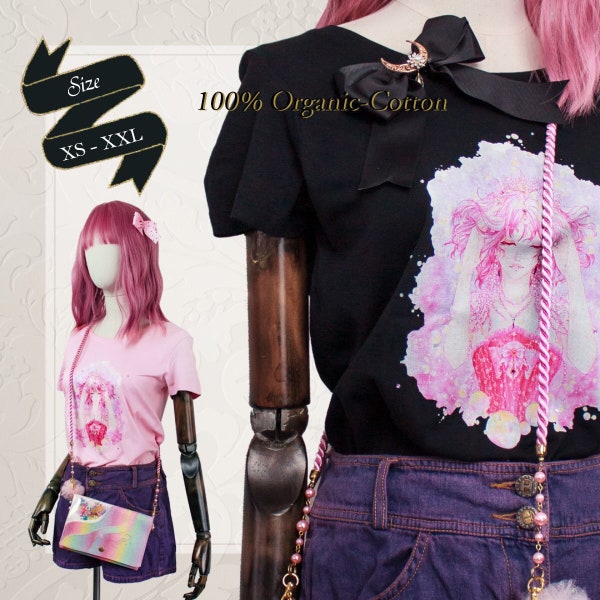 T-shirt a maniche corte in cotone biologico in rosa e nero | S-2XL | Top in stile manga per donna e ragazza dal design originale Serena