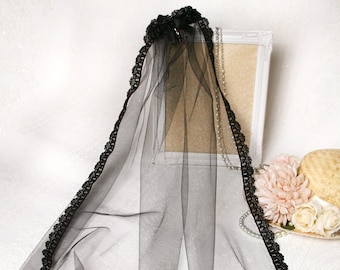 Black tulle veil 78 cm | Personalizable, half-length bridal veil, hair accessories for girls, photo shoot, Gothic Lolita fashion