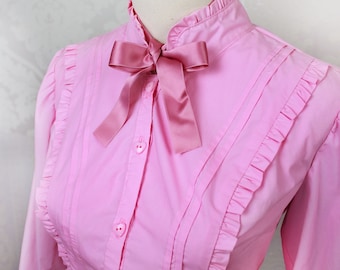 Victorian Lolita long-sleeved blouse in candy pink, fitted stand-up collar blouses for women, historical clothing, corset lacing, Harajuku