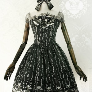 Mermaid Lolita Petticoat Kleid mit Tasche | Glitter Spitze Gothic Onepiece Jumperskirt Under the Sea Shell Korsage JSK Schwarz