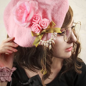 Vintage Brooch &quot;Pretty Trio-Rose&quot; Pink with Chain Handmade
