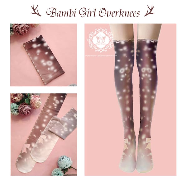 1 pair of Bambi over-the-knee stockings in beige & brown | Printed one size Lolita OTK in deer design, stockings for women and girls | Plus size