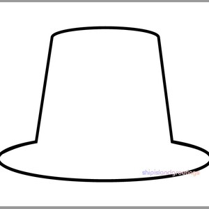 May include: A black and white outline drawing of a top hat. The hat has a tall, cylindrical crown and a wide, flat brim.