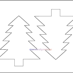 May include: Two black and white outline images of Christmas trees. The tree on the left has a traditional shape with a trunk and branches. The tree on the right is a simple triangle shape with a flat top.