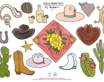 Hand-drawn Look – Clip Art – Digital Stickers – Graphic Design – Poster Art – Canva Illustrations – Digital Art – Country Western Party