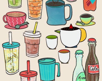 Hand-drawn Digital Beverage Illustrations/Clip Art PNG PSD EPS – Beverages by Amy M Huber