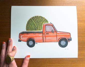 Vintage Red Truck Print, 1980's Truck, Red  Truck Art, Vintage Car Illustration, Wall Art, Red Mazda Truck