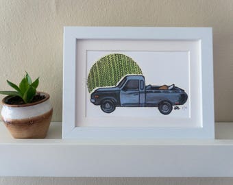 Retro Black Datsun Truck, Vintage Truck Print, Vintage Car Illustration, Wall Art, 1980's Retro Truck Drawing, Wall Decor