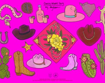Country Western Party Clip Art - Printable Art - Graphic Design – Poster Art – Canva -Illustrations _ Hand drawn Look – Digital Art