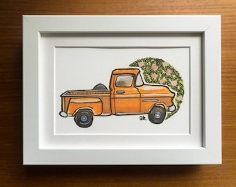 Vintage Orange Chevy Print, 1940's Truck, Orange Antique Truck Art, Vintage Car Illustration, Wall Art, Chevy Truck