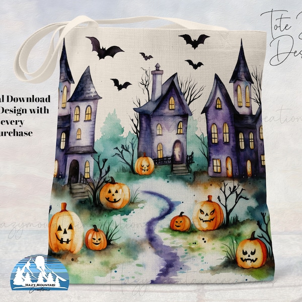 Halloween Haunted House Pumpkin Sublimation Tote Bag Design, Tote Bag Design, DESIGN ONLY, Halloween, Fall, Haunted House, Pumpkin, Kids Bag