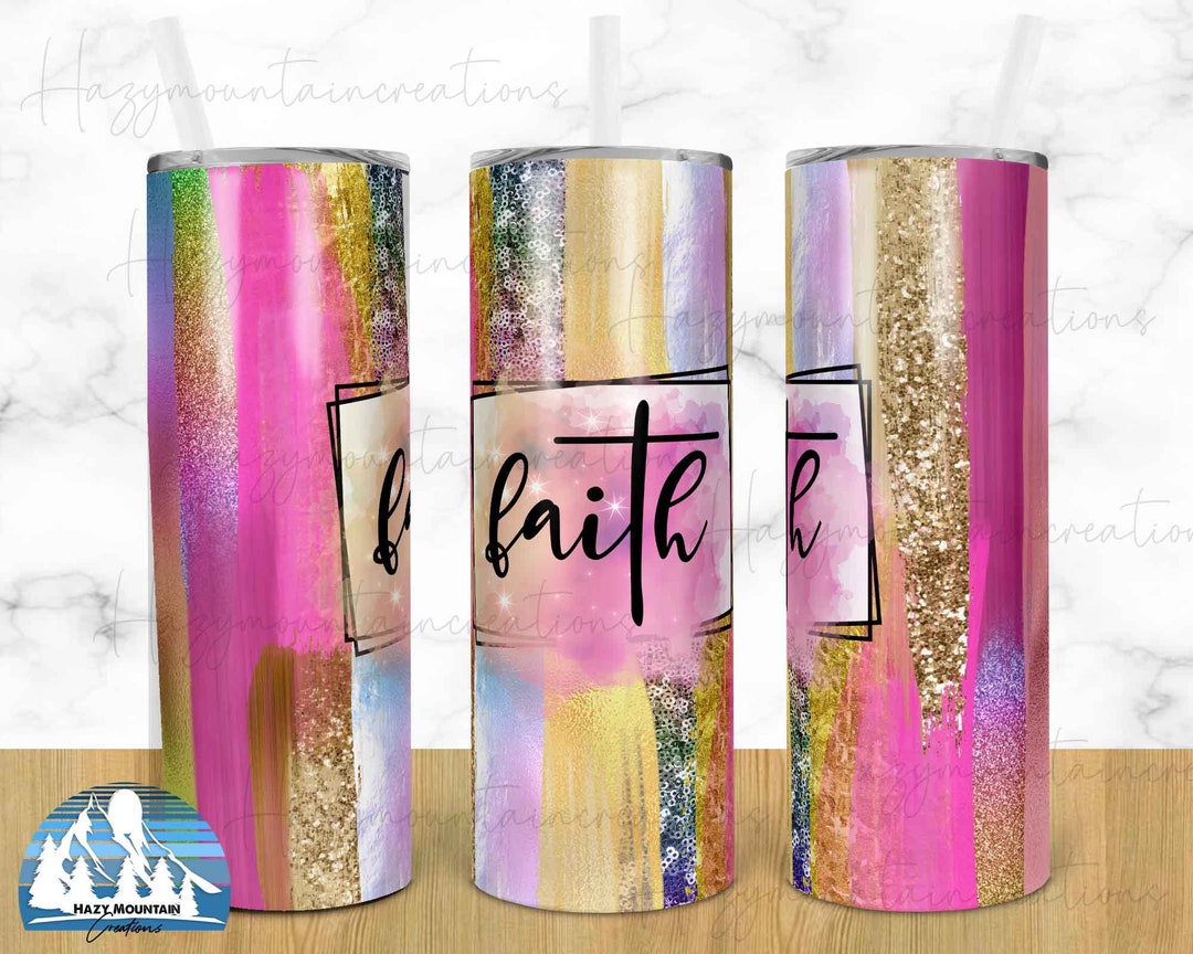 Faith Cross Rainbow Brush Stroke Tumbler 20oz Skinny Design, 20oz