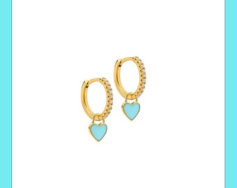 Blue Enamel Charm Heart Earrings with Sparkly Stones - Stylish Hoop Earrings
