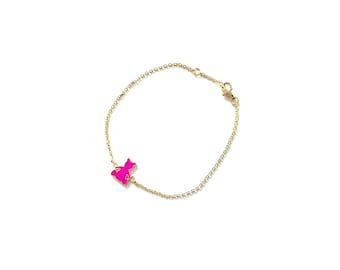 Gold Link Chain Bracelet - Bright Pink Bear Pendant, 925 Silver