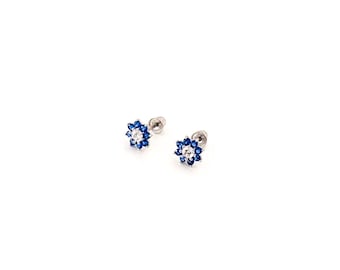 14K White Gold Blue Sapphire Cubic Zirconia Flower Stud Earrings