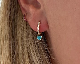 Hoop Earrings with Blue Enamel Heart with Sparkly Stones - Gift for Women