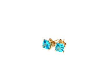 Blue Topaz Stud Earrings: December Birthstone 14k Solid Yellow Gold Earring Set