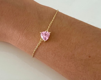Gold Chain Bracelet - Pink Rose Heart Charm, Sparkly Cubic Zirconia