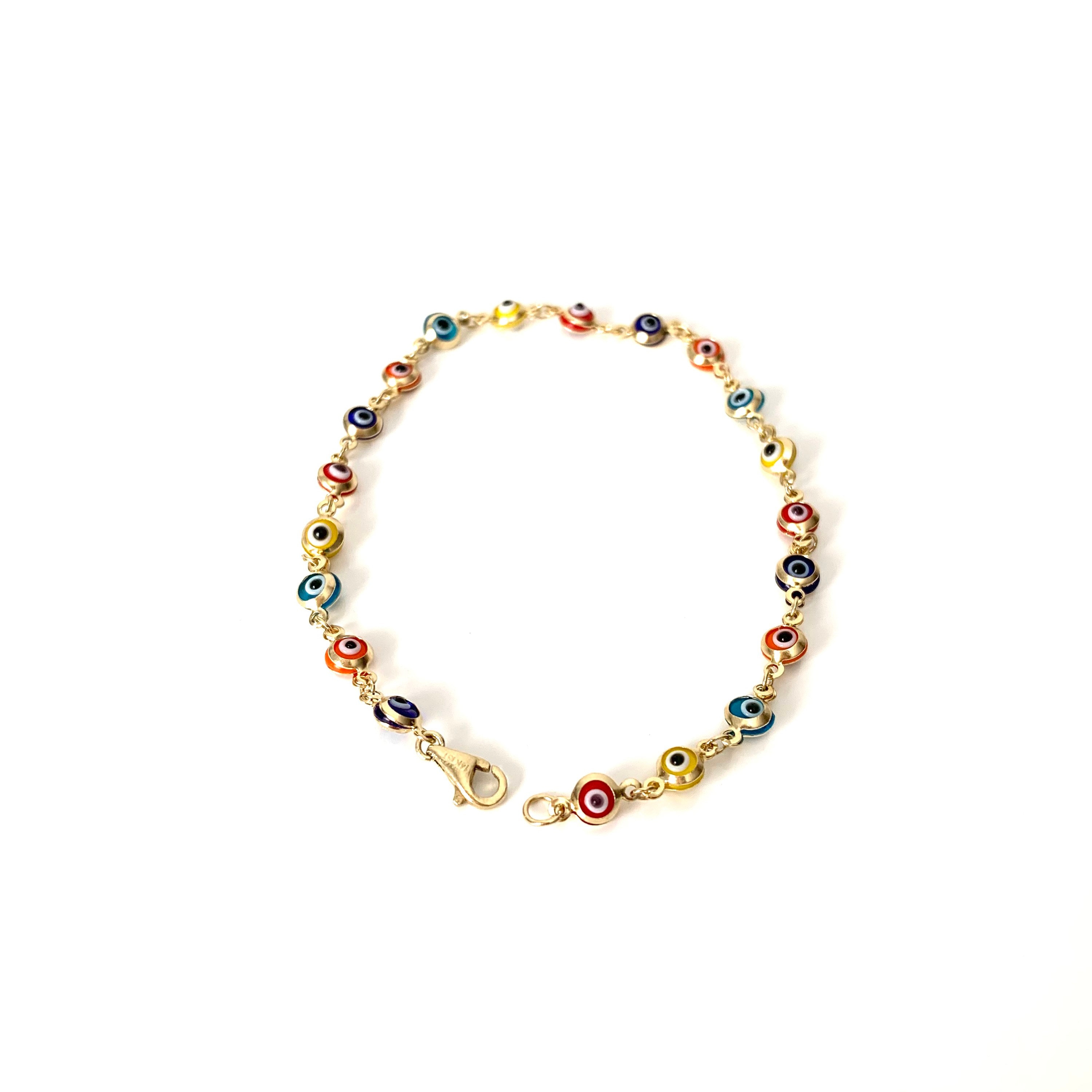 14k Solid Gold Evil Eye Bracelet Multicolor Chain Link Gift Etsy