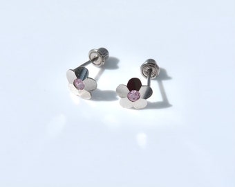 14k White Gold Flower Stud Earrings – Pink Cubic Zirconia, Screwback