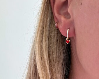Red Enamel Heart Hoop Earrings - Gold Plated with Cubic Zirconia