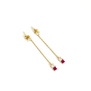 Ruby Chain Drop Earrings: Gold Earring Set with Ruby and Crystal Cubic Zirconia - July Birthstone