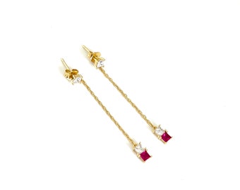 July Birthstone Red Stone Drop Earrings - Ruby Earrings Set in Gold