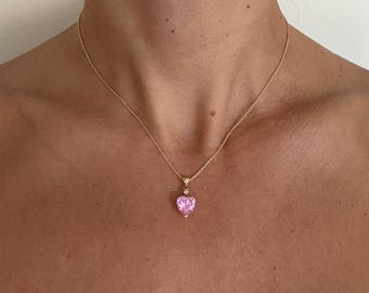 14k Gold Heart Pendant with Pink Rose Stone - Real Gold Charm Necklace