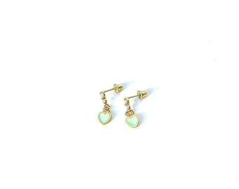 Drop Earrings in 14k Solid Gold - Green Mint Hearts: Real Gold Earrings with Stones and Enamel Charm