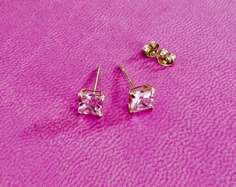 14k Yellow Gold Pink Stud Earrings with Rose Cubic Zirconia for Everyday Wear