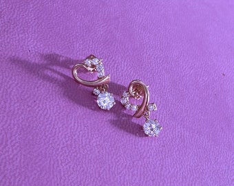 14k Gold Heart Shaped Earrings - Drop Earring Set in Gold with Sparkly Stones