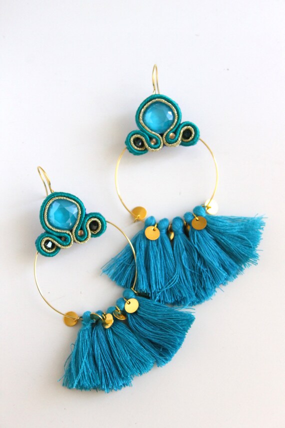 CHANTAL Boho turquoise and gold pompom soutache hoop | Etsy