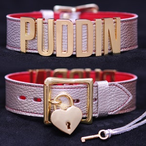 May include: A silver leather collar with a red lining and a gold metal buckle. The collar has the word "PUDDIN" spelled out in gold metal letters. The collar also has a gold metal heart-shaped padlock with a key.