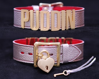 Gold and red leather lockable Suicide Squad PUDDIN collar with heart-lock made of gold and red leather. Halloween costume. Cosplay.