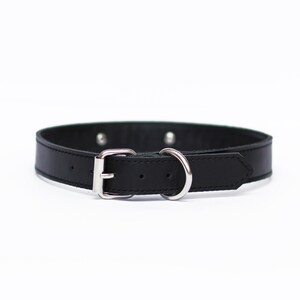 Pode incluir: Um colar de cachorro de couro preto com uma fivela e um anel em D prateados.